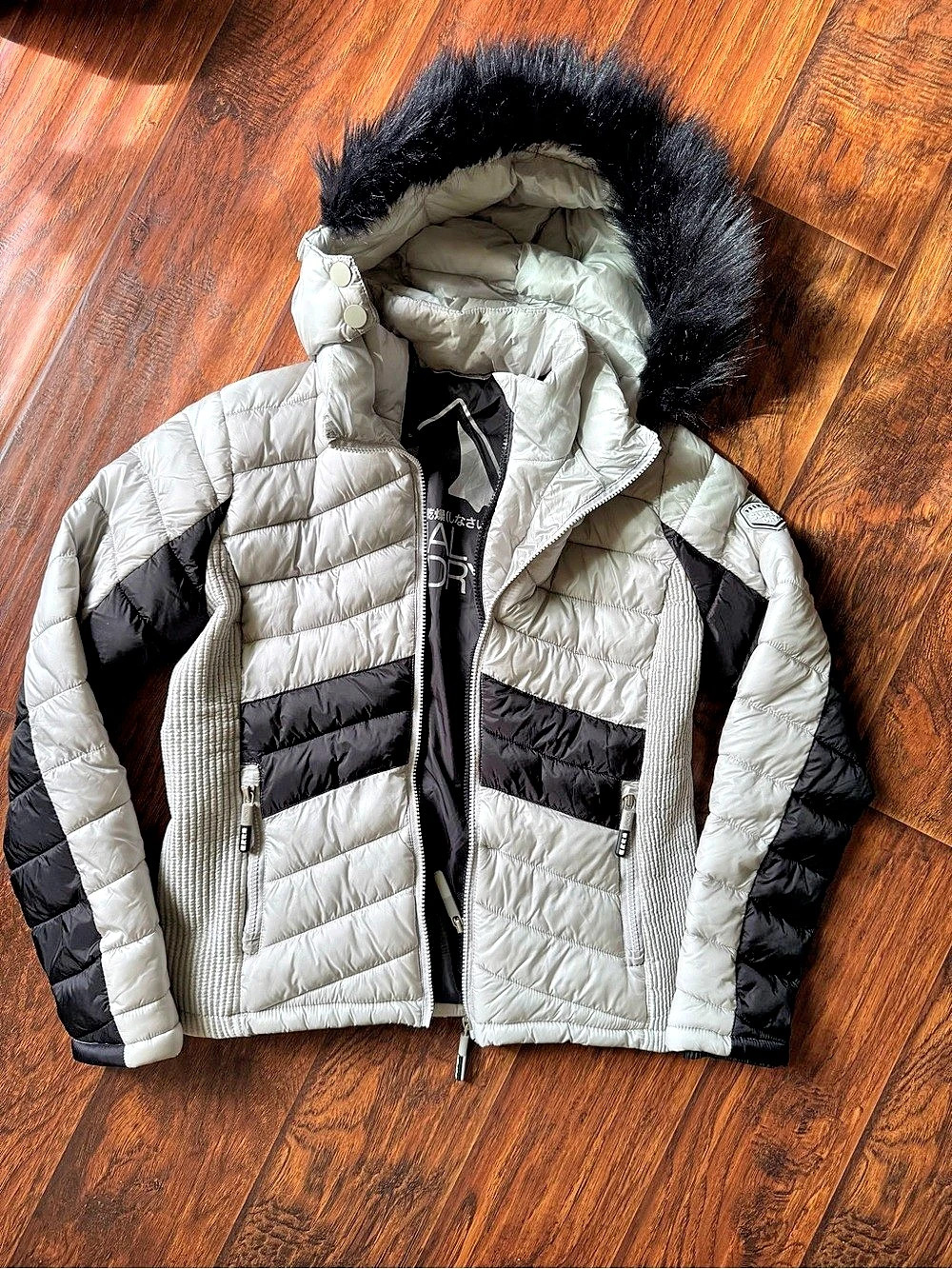 Superdry The Original Fuji Double Zip Hooded Puffer Jacket Gray & Black Size 10
